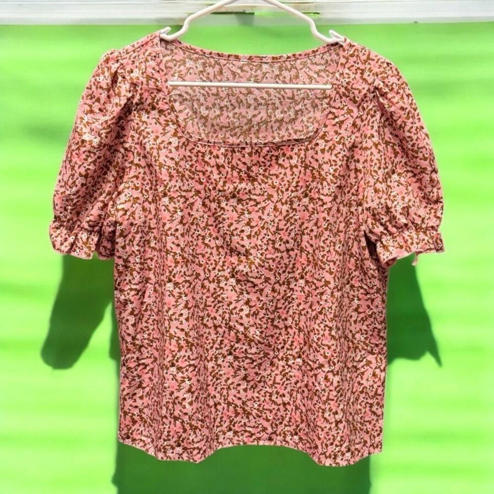 SHEIN Orange and Pink Puff Sleeve Blouse with Ruffled Bib Collar LARGE